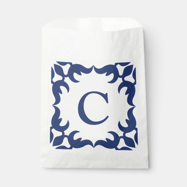 Blue and White Blue Scroll Frame Monogram Favor Bag (Front)