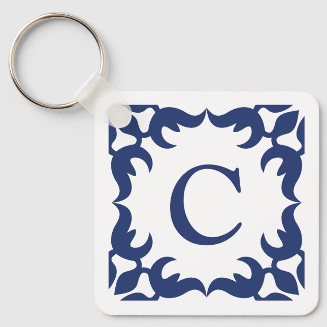 Blue and White Blue Scroll Frame Monogram Keychain (Front)
