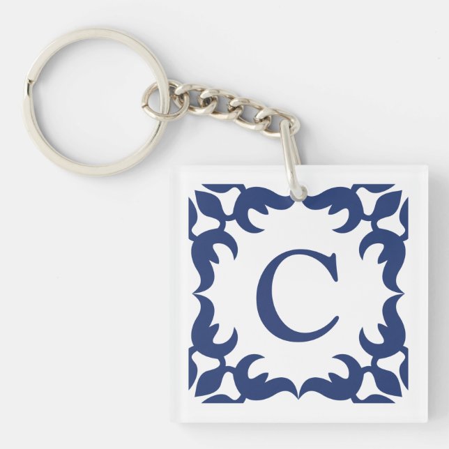 Blue and White Blue Scroll Frame Monogram Keychain (Front)