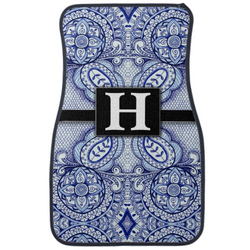 Blue and White Boho Chic Mandala Monogram Classic Car Floor Mat