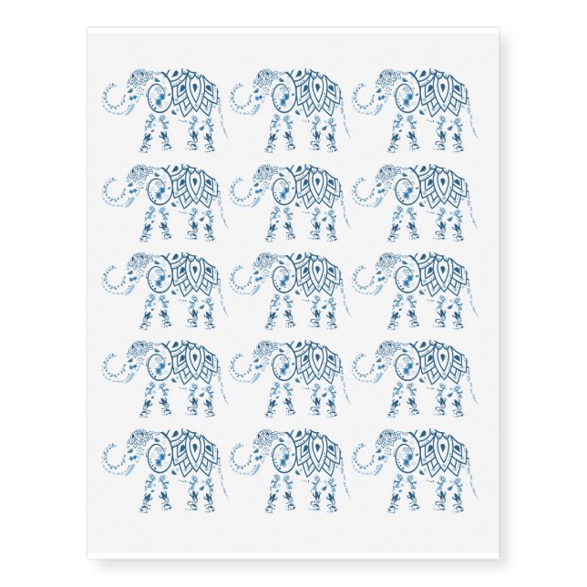 Blue and White Boho Elephant Design Temporary Tattoos (Front)
