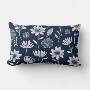 blue and white boho floral - Block print-style Lumbar Pillow