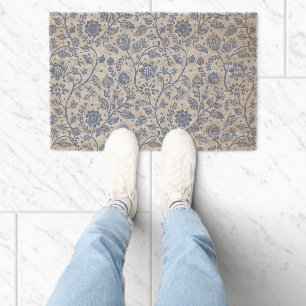 Blue and White Boho Floral Botanical Pattern Coir Fiber Doormat