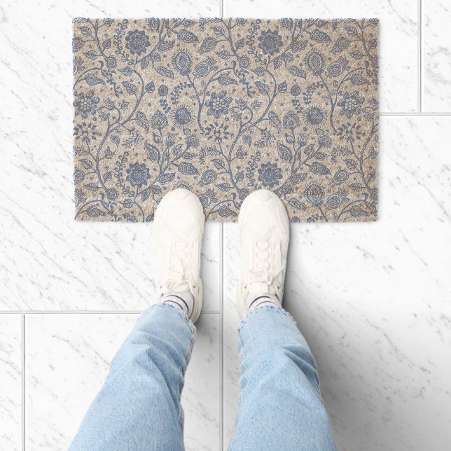 Blue and White Boho Floral Botanical Pattern Coir Fiber Doormat (Insitu)
