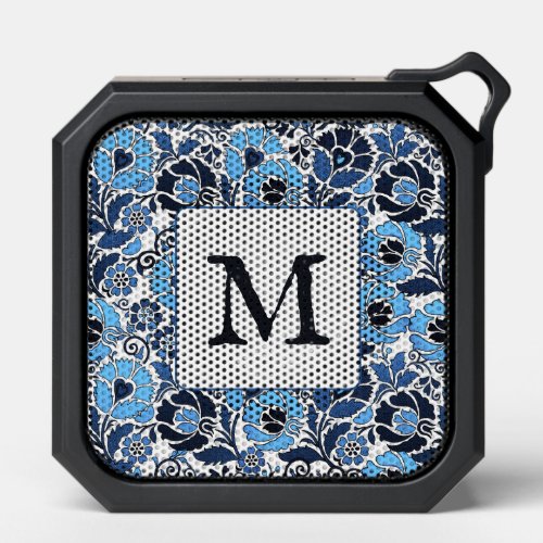 Blue and White Boho Floral Monogram Bluetooth Speaker