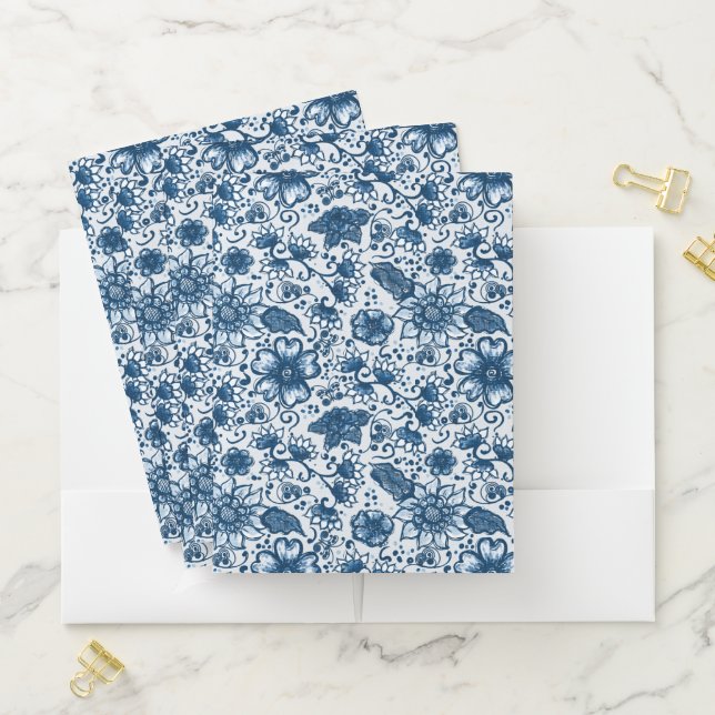 Blue and White Boho Floral Pattern Pocket Folder (In Situ)