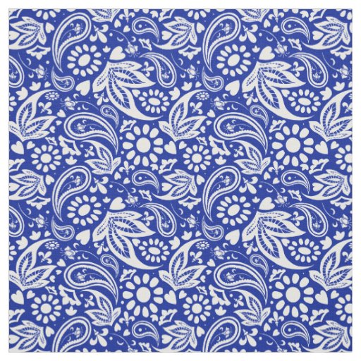 Blue and White Boho Paisley Pattern Fabric | Zazzle