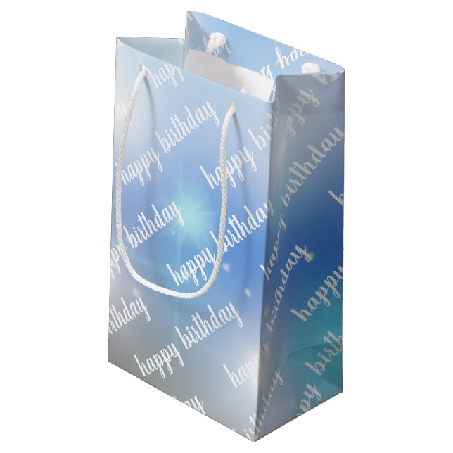 blue and white bokeh birthday small gift bag (Back Angled)