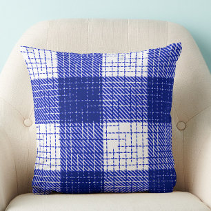 Blue and White Bold Checkered Plaid Design  Throw Pillow