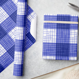 Blue and White Bold Checkered Plaid Design  Wrapping Paper