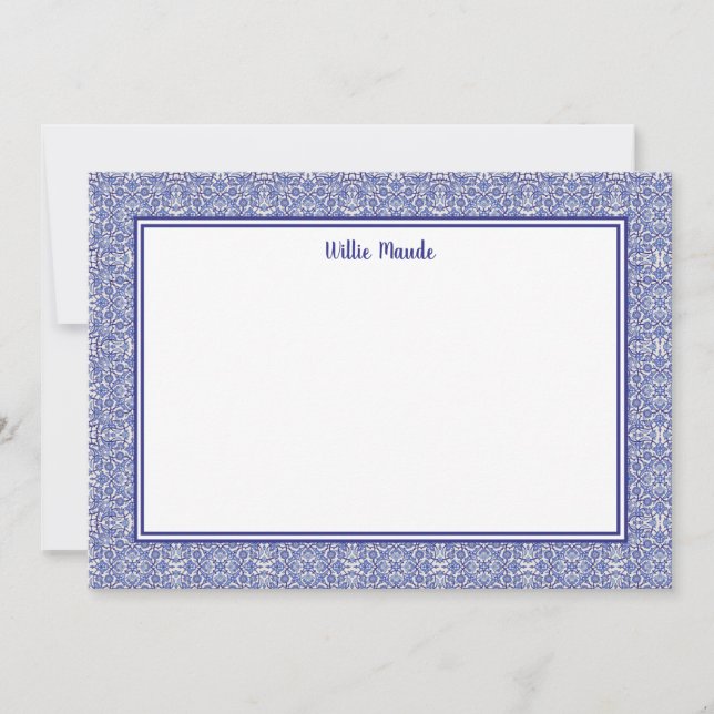 Blue and White Border Personalized Note Card (Front)