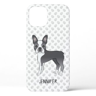Blue And White Boston Terrier Cartoon Dog &amp; Name iPhone 12 Case