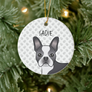 Blue And White Boston Terrier Cartoon Dog & Name Ceramic Ornament