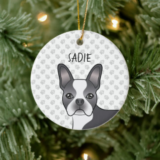 Blue And White Boston Terrier Cartoon Dog &amp; Name Ceramic Ornament