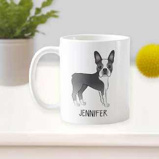 Blue And White Boston Terrier Cartoon Dog &amp; Name Coffee Mug