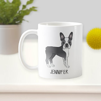 Blue And White Boston Terrier Cartoon Dog & Name Coffee Mug