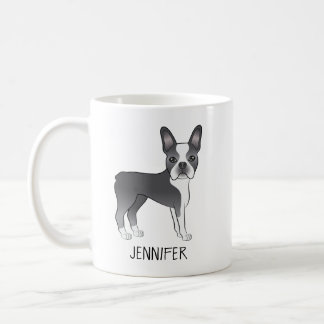 Blue And White Boston Terrier Cartoon Dog &amp; Name Coffee Mug