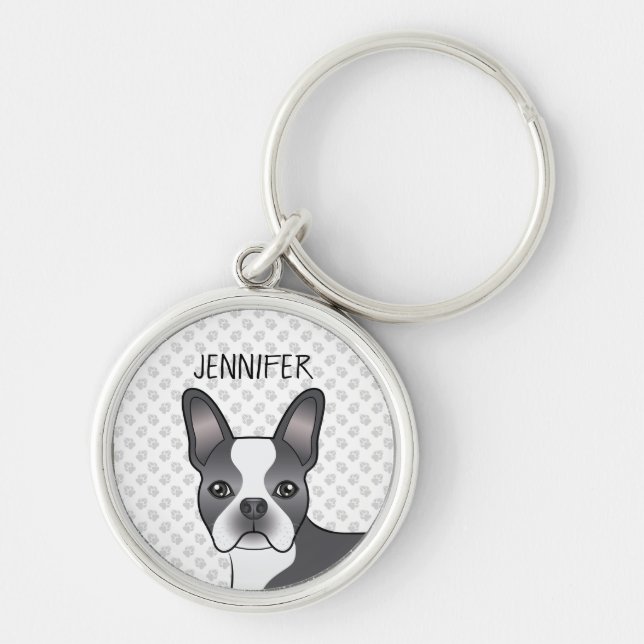 Blue And White Boston Terrier Cartoon Dog & Name Keychain (Front)