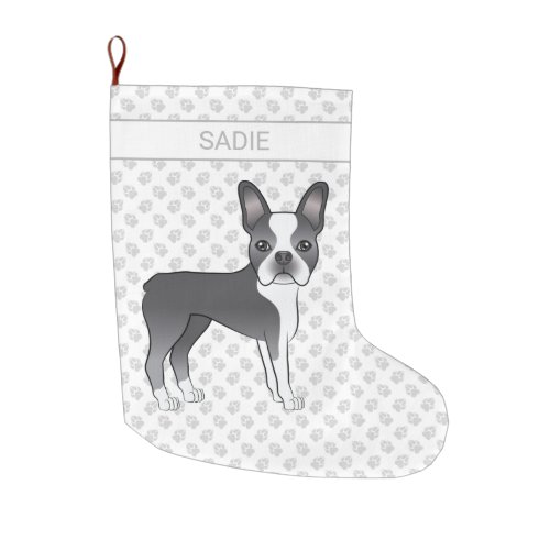 Blue And White Boston Terrier Cartoon Dog  Name Large Christmas Stocking