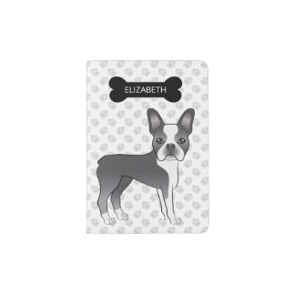 Blue And White Boston Terrier Cartoon Dog &amp; Name Passport Holder