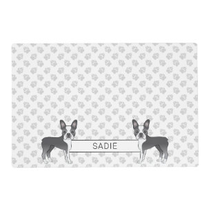 Blue And White Boston Terrier Cartoon Dog & Name Placemat