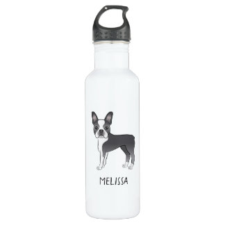 Blue And White Boston Terrier Cartoon Dog &amp; Name Stainless Steel Water Bottle
