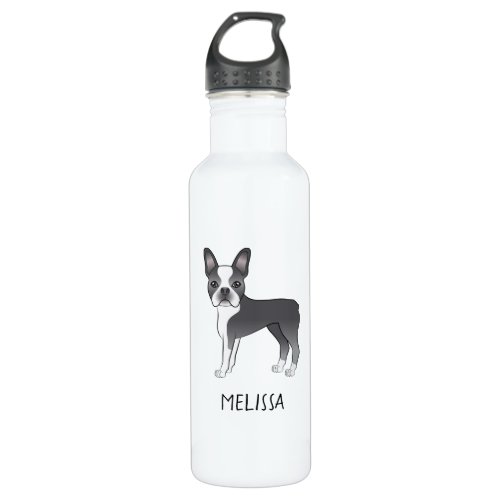 Blue And White Boston Terrier Cartoon Dog  Name Stainless Steel Water Bottle