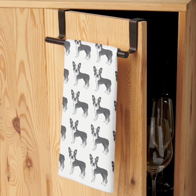 Blue And White Boston Terrier Cartoon Dog Pattern Kitchen Towel (Thirds Fold)