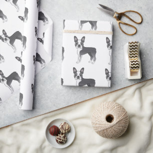 Blue And White Boston Terrier Cartoon Dog Pattern Wrapping Paper