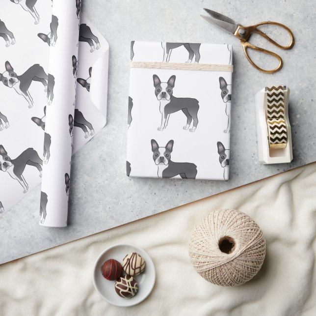 Blue And White Boston Terrier Cartoon Dog Pattern Wrapping Paper (Crafts)