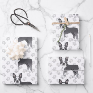 Blue And White Boston Terrier Cartoon Dog Pattern Wrapping Paper Sheets