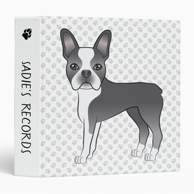 Blue And White Boston Terrier Cartoon Dog & Paws 3 Ring Binder (Front/Spine)