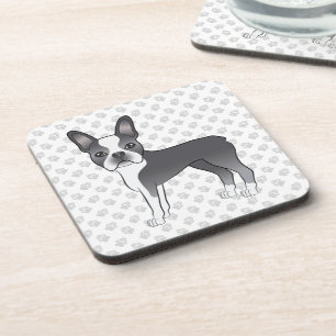 Blue And White Boston Terrier Cartoon Dog & Paws Beverage Coaster