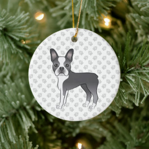 Blue And White Boston Terrier Cartoon Dog & Paws Ceramic Ornament