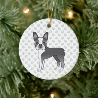 Blue And White Boston Terrier Cartoon Dog &amp; Paws Ceramic Ornament