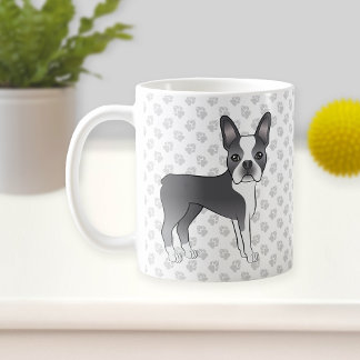 Blue And White Boston Terrier Cartoon Dog &amp; Paws Coffee Mug