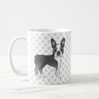 Blue And White Boston Terrier Cartoon Dog &amp; Paws Coffee Mug