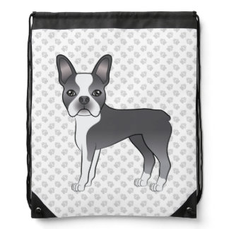 Blue And White Boston Terrier Cartoon Dog &amp; Paws Drawstring Bag