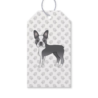 Blue And White Boston Terrier Cartoon Dog &amp; Paws Gift Tags