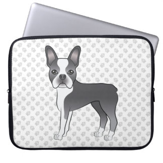 Blue And White Boston Terrier Cartoon Dog &amp; Paws Laptop Sleeve