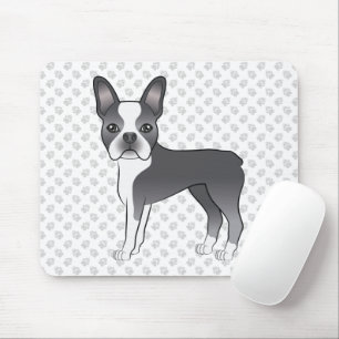 Blue And White Boston Terrier Cartoon Dog & Paws Mouse Pad