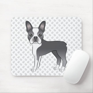 Blue And White Boston Terrier Cartoon Dog &amp; Paws Mouse Pad