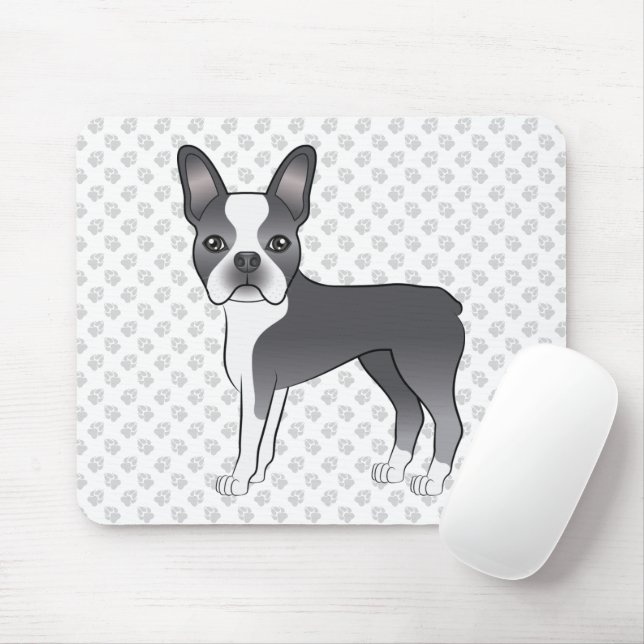 Blue And White Boston Terrier Cartoon Dog & Paws Mouse Pad (With Mouse)