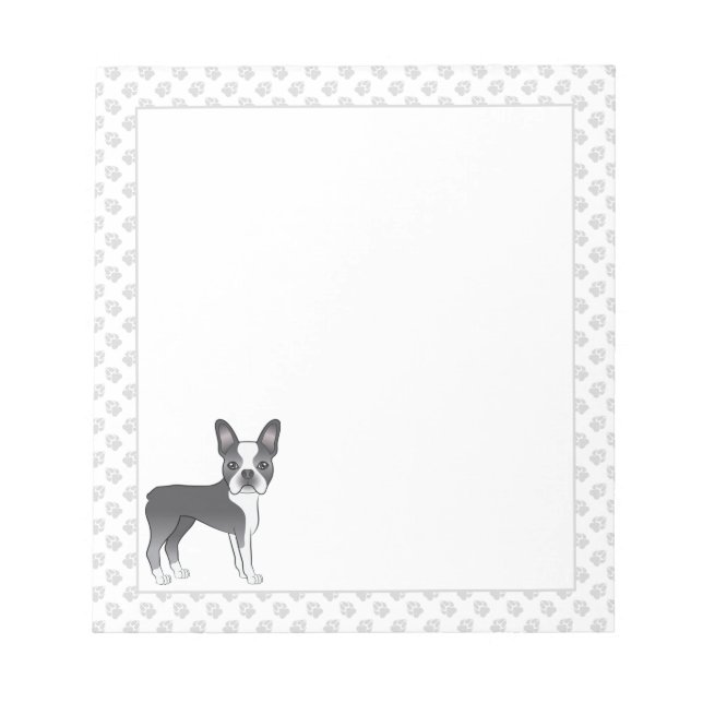 Blue And White Boston Terrier Cartoon Dog & Paws Notepad (Front)
