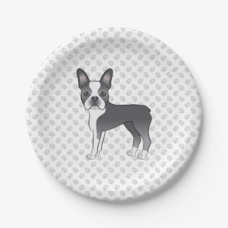 Blue And White Boston Terrier Cartoon Dog &amp; Paws Paper Plates