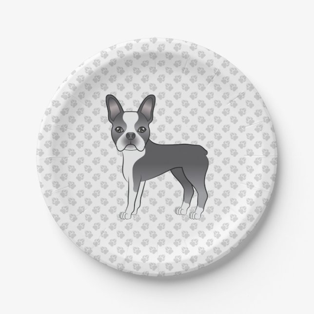 Blue And White Boston Terrier Cartoon Dog & Paws Paper Plates (Front)