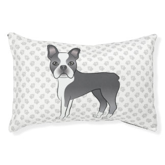 Blue And White Boston Terrier Cartoon Dog &amp; Paws Pet Bed