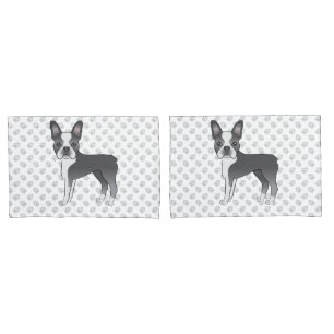 Blue And White Boston Terrier Cartoon Dog & Paws Pillow Case