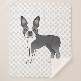 Blue And White Boston Terrier Cartoon Dog &amp; Paws Sherpa Blanket