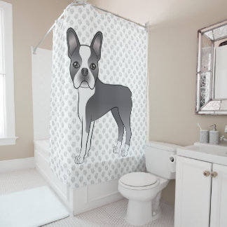 Blue And White Boston Terrier Cartoon Dog &amp; Paws Shower Curtain